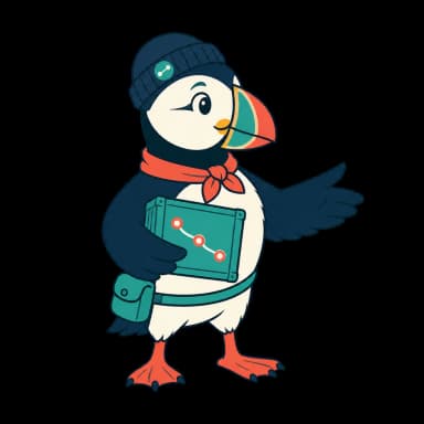 Pip, the DockRoute mascot — a puffin harbor pilot